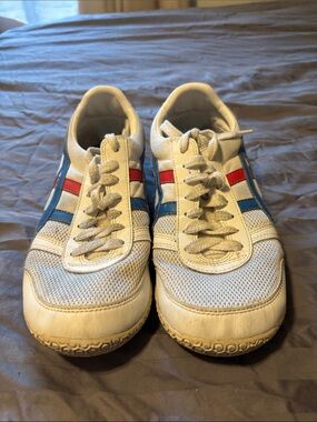Men's Retro Athletic Sneakers in White with Blue & Red Accents
